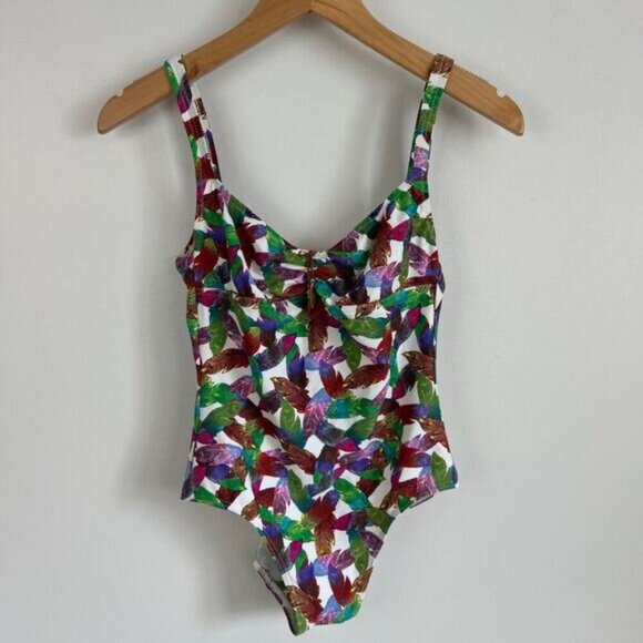 Laura Beach by Janine Robin Women's 6 White Multi Color Feather Print One Piece - Picture 11 of 12